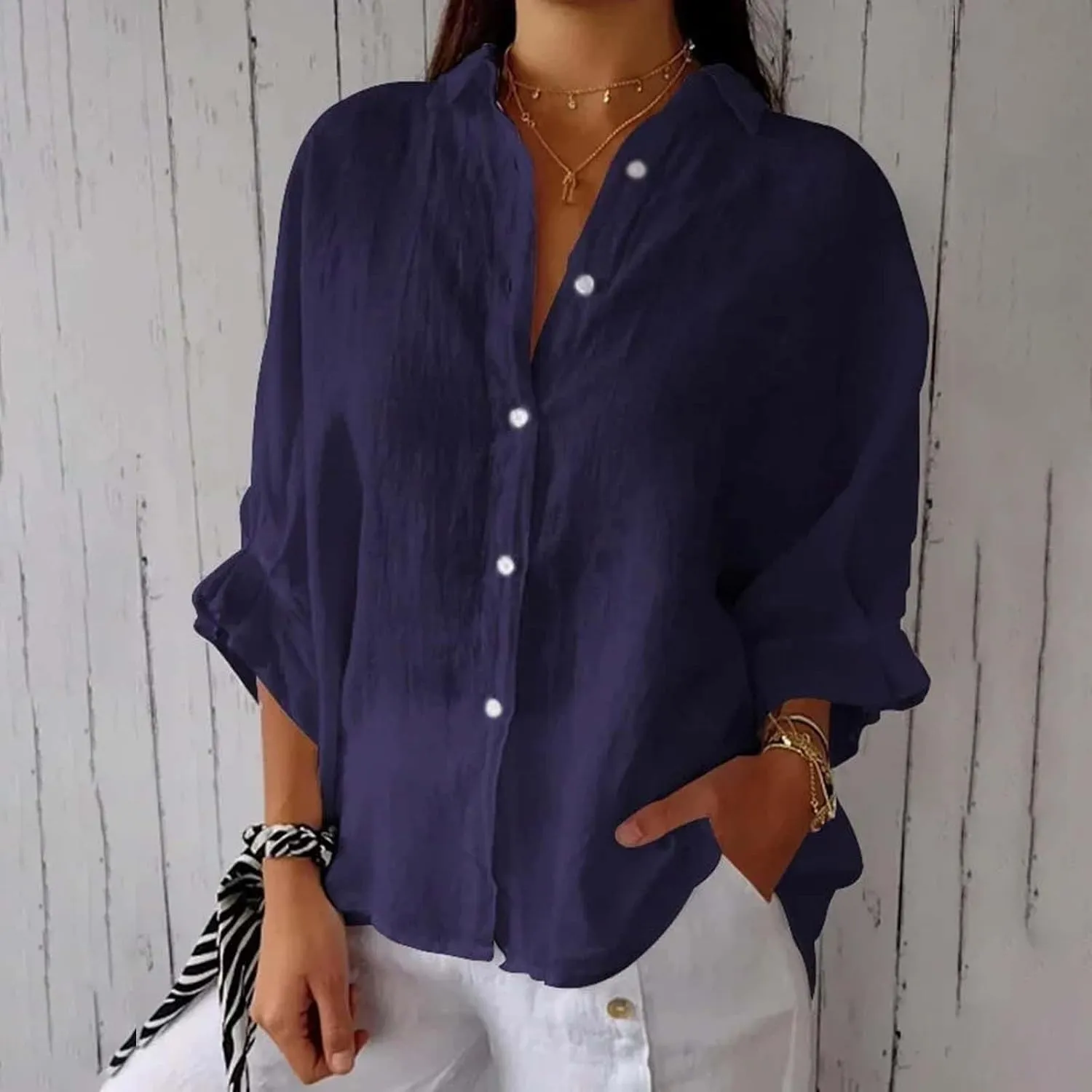 Womens Button Down V Neck Shirts 3/4 Sleeve Chiffon Casual Blouse Loose Fit Collared Linen Work Oversized Blouse