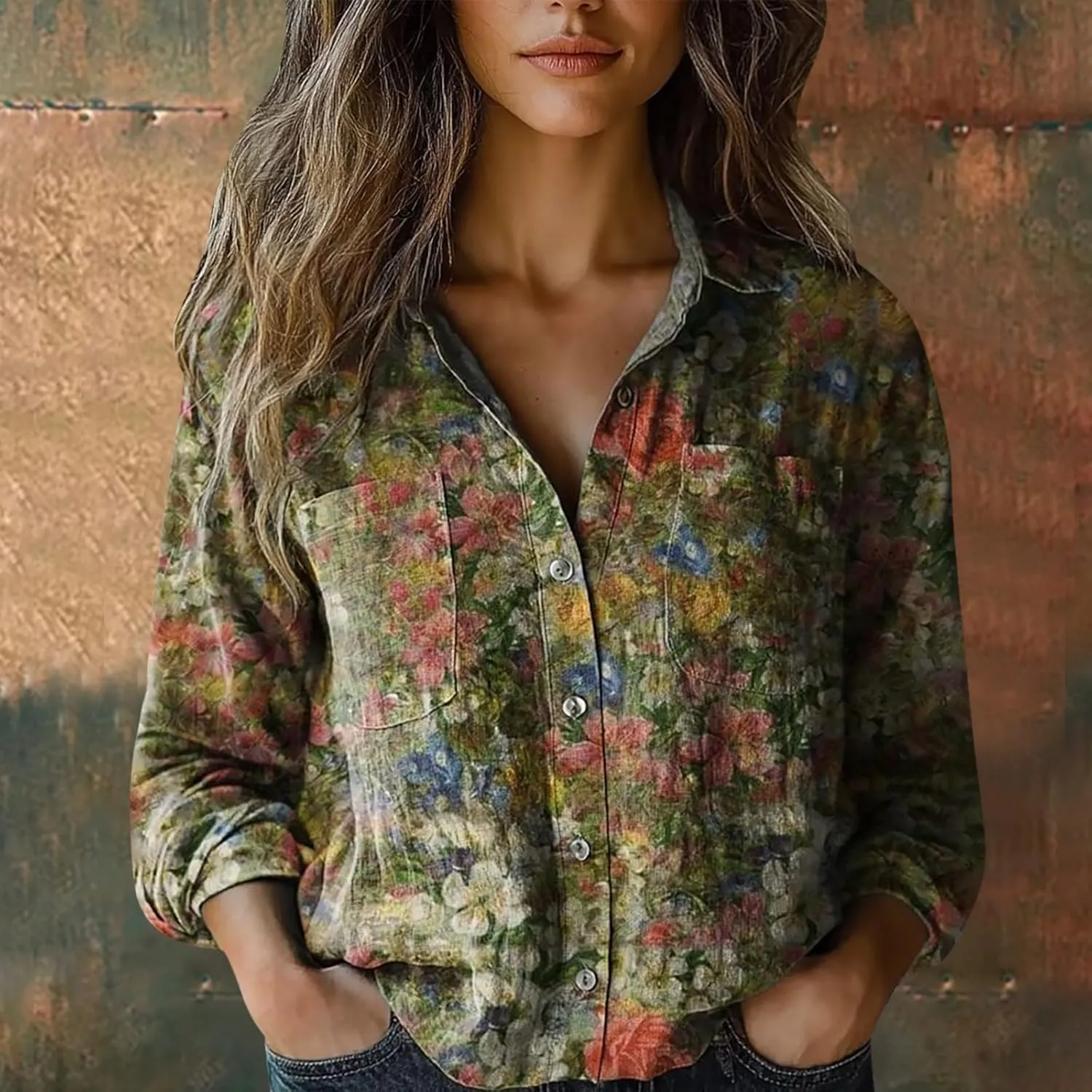Womens Button V Neck Long Sleeve Shirts Oversized Blouses Tops Cotton Classic Collared Casual Lightweight Blouses