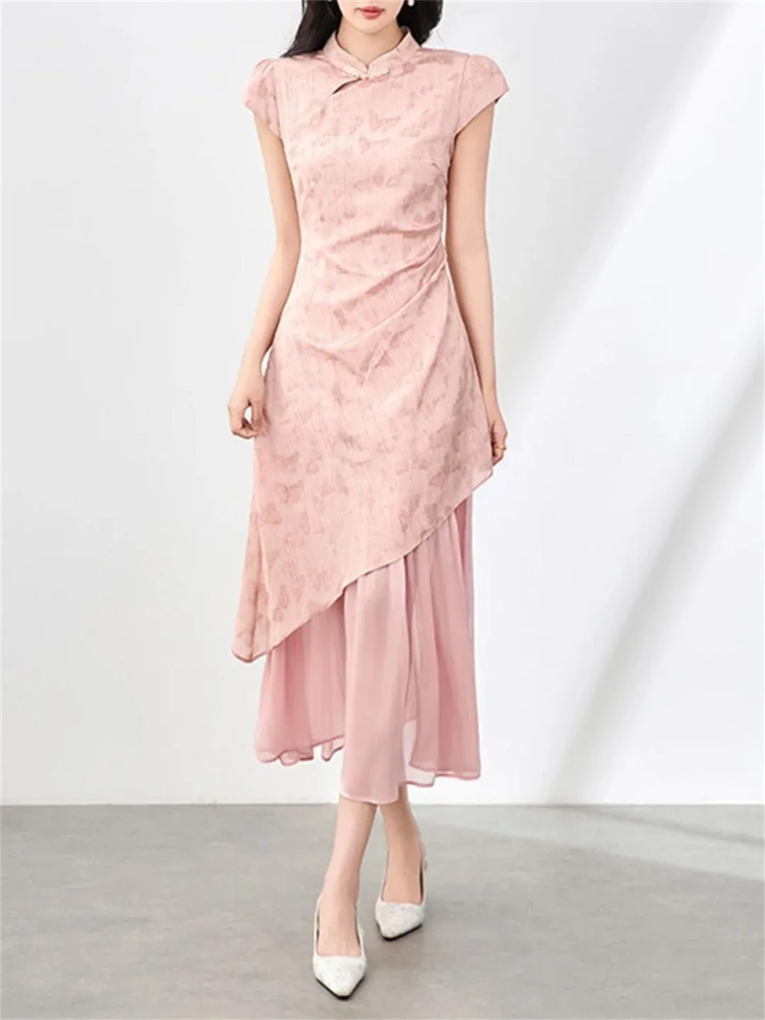 Women's Chinese Style Dress Stand Collar Stitching Bowknot Dress