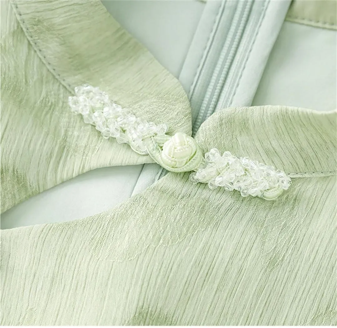 Women's Chinese Style Dress Stand Collar Stitching Bowknot Dress