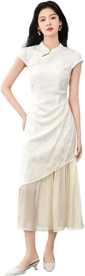 Women's Chinese Style Dress Stand Collar Stitching Bowknot Dress