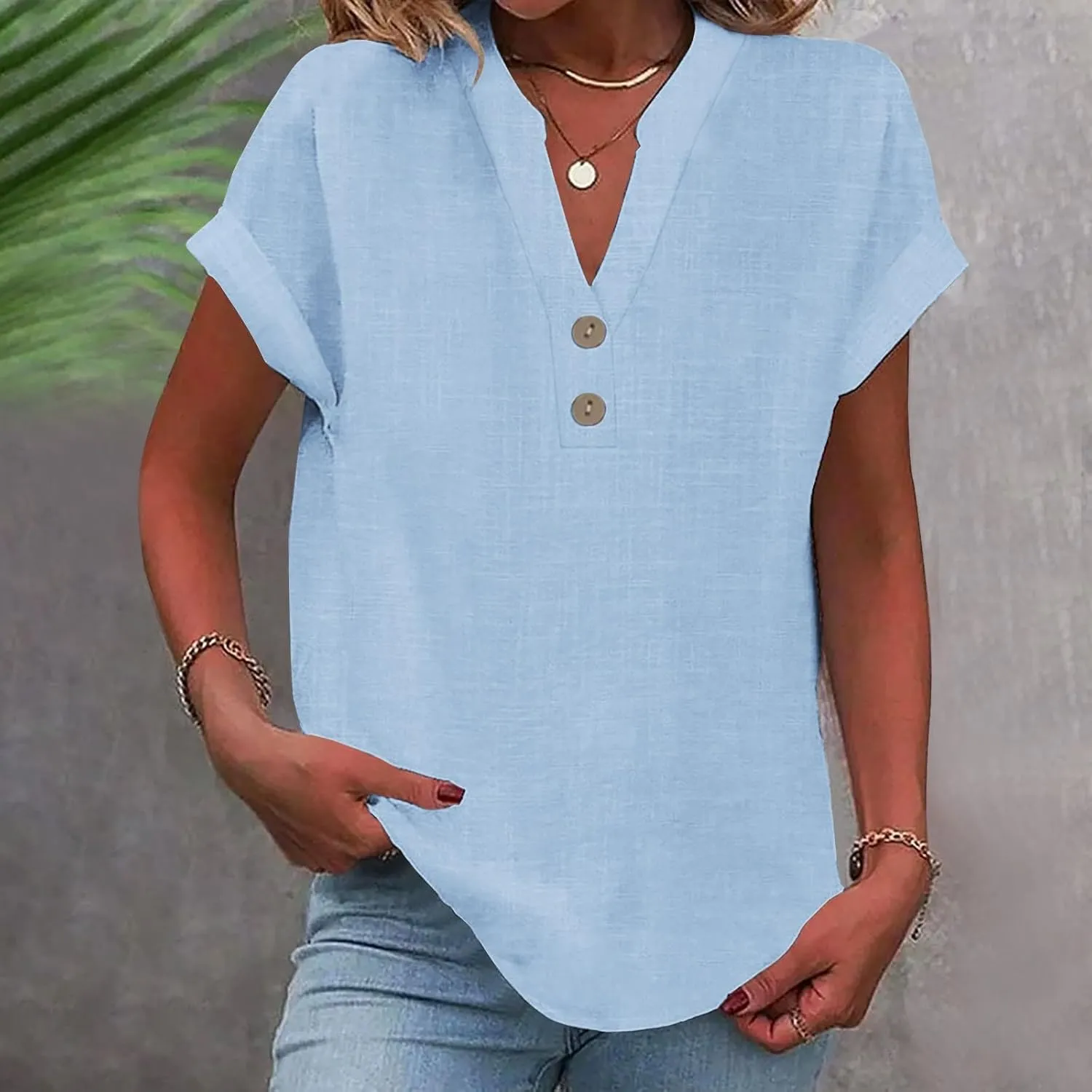 Womens Cotton Linen Blouse Short Sleeve Button V Neck Henley Shirts Lightweight Loose Fit Comfy Casual Summer T Shirt