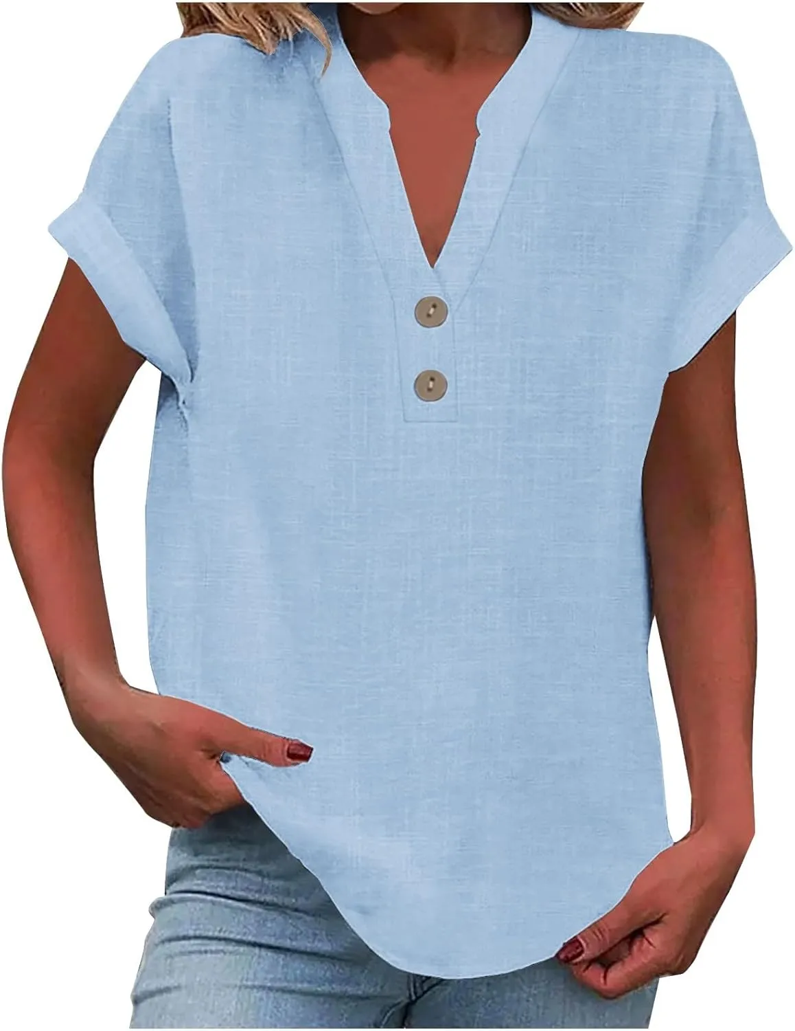 Womens Cotton Linen Blouse Short Sleeve Button V Neck Henley Shirts Lightweight Loose Fit Comfy Casual Summer T Shirt