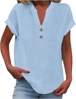Womens Cotton Linen Blouse Short Sleeve Button V Neck Henley Shirts Lightweight Loose Fit Comfy Casual Summer T Shirt