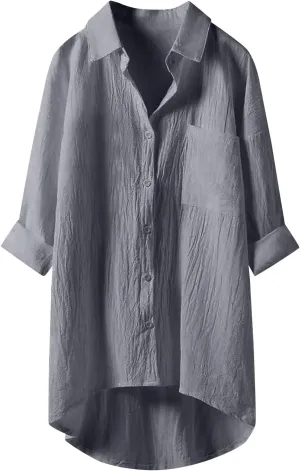 Womens Cotton Linen Button Down Flowy Shirts Long Sleeve V Neck Elegant High Low Loose Tops Plain Oversize Blouse