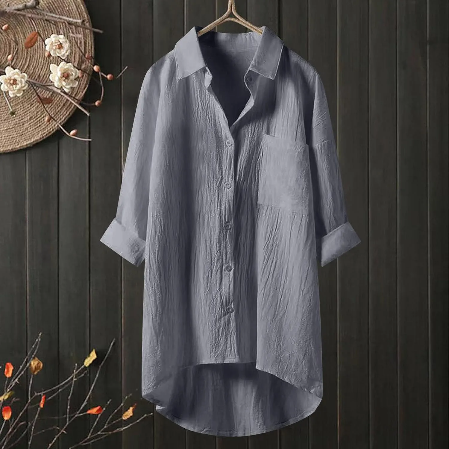 Womens Cotton Linen Button Down Flowy Shirts Long Sleeve V Neck Elegant High Low Loose Tops Plain Oversize Blouse