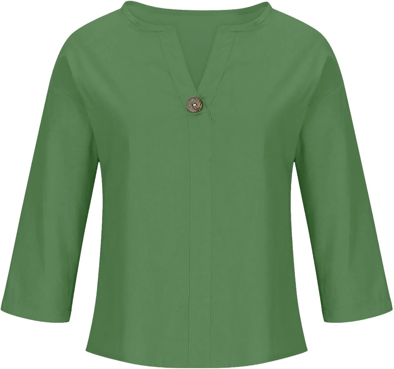 Women's Cotton Linen Casual Shirts Button Down V Neck Roll Up 3/4 Sleeve Tops Summer Fashion Loose Fit Blouses