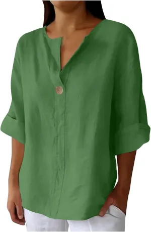 Women's Cotton Linen Casual Shirts Button Down V Neck Roll Up 3/4 Sleeve Tops Summer Fashion Loose Fit Blouses