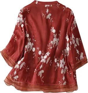 Womens Cotton Linen Embroidery Shirt Casual Crewneck Shirt Fashion Floral Printed Flowy Shirt Spring 3/4 Sleeve Tops