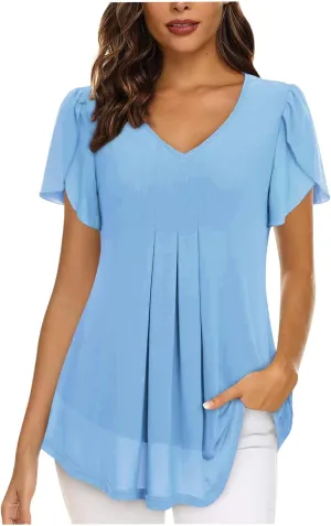 Womens Dressy Casual Tops Short Sleeve Shirts Layered Chiffon Blouse Summer Flowy Tunic TopsTuniques Pour Femme