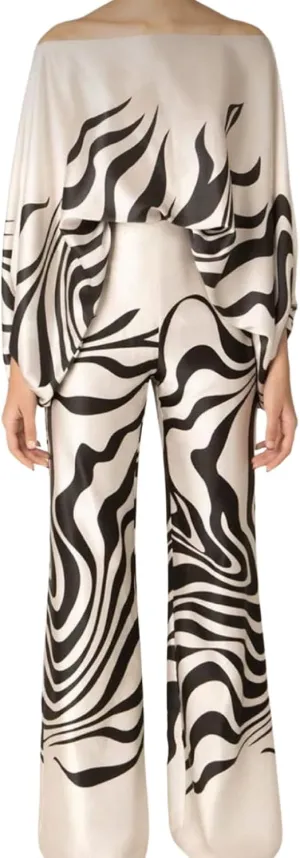 Womens Fall Loose 2 Piece Outfits Off Shoulder Printed Long Sleeve Casual Going Out Wide Leg Pants Set