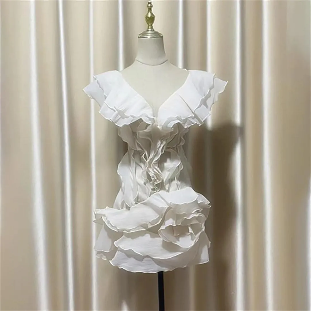 Women's Fashion Petal Ruffle Off-The-Shoulder Dress V-Neck Sleeveless High Waist Irregular Mini Dress