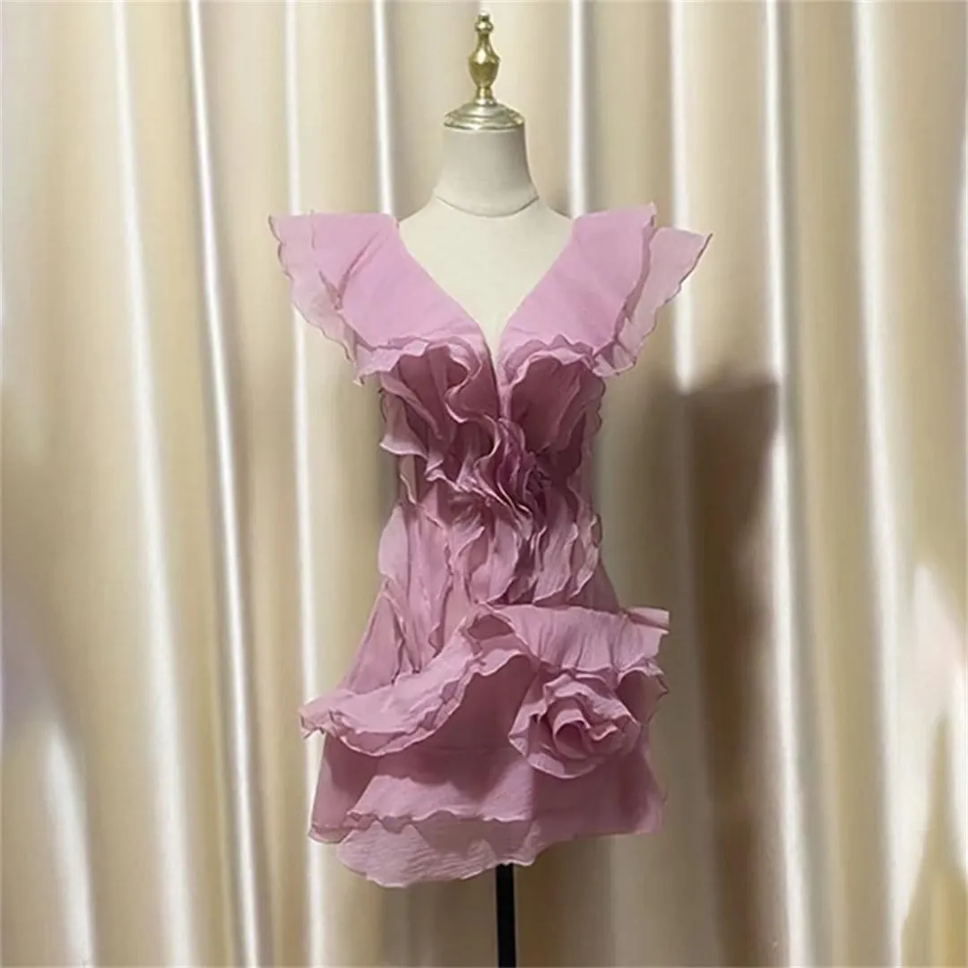 Women's Fashion Petal Ruffle Off-The-Shoulder Dress V-Neck Sleeveless High Waist Irregular Mini Dress