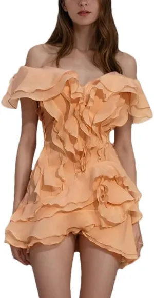 Women's Fashion Petal Ruffle Off-The-Shoulder Dress V-Neck Sleeveless High Waist Irregular Mini Dress