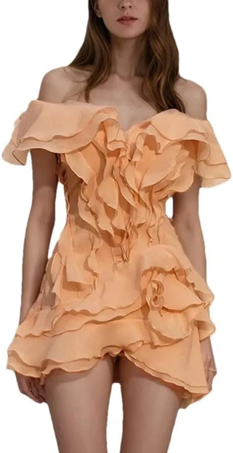 Women's Fashion Petal Ruffle Off-The-Shoulder Dress V-Neck Sleeveless High Waist Irregular Mini Dress