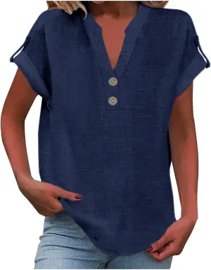 Women's Fashion Short Sleeve Linen Tops Notched V Neck Button Down Tunic Blouses Summer Casual Business Casual Tops