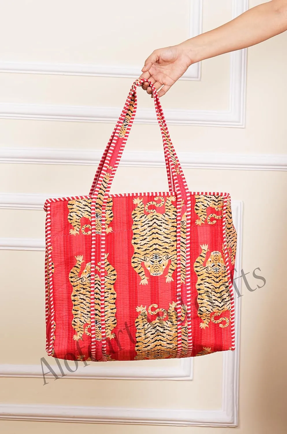 Women's Lightweight Quilted Cotton Tiger Printed Reversible Large Tote Bag Grocery Shopping Travel Bag