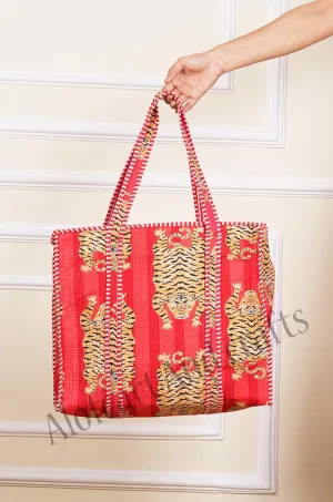 Women's Lightweight Quilted Cotton Tiger Printed Reversible Large Tote Bag Grocery Shopping Travel Bag