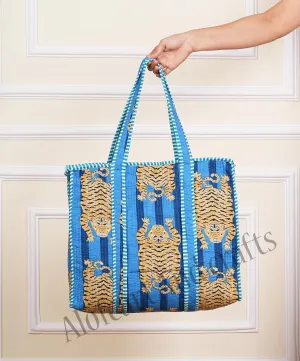 Women's Lightweight Quilted Cotton Tiger Printed Reversible Large Tote Bag Grocery Shopping Travel Bag