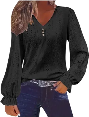 Womens Long Sleeve Eyelet Tops Solid Color V Neck Shirts Puff Sleeves Loose Fit Casual Blouses Fall Clothing