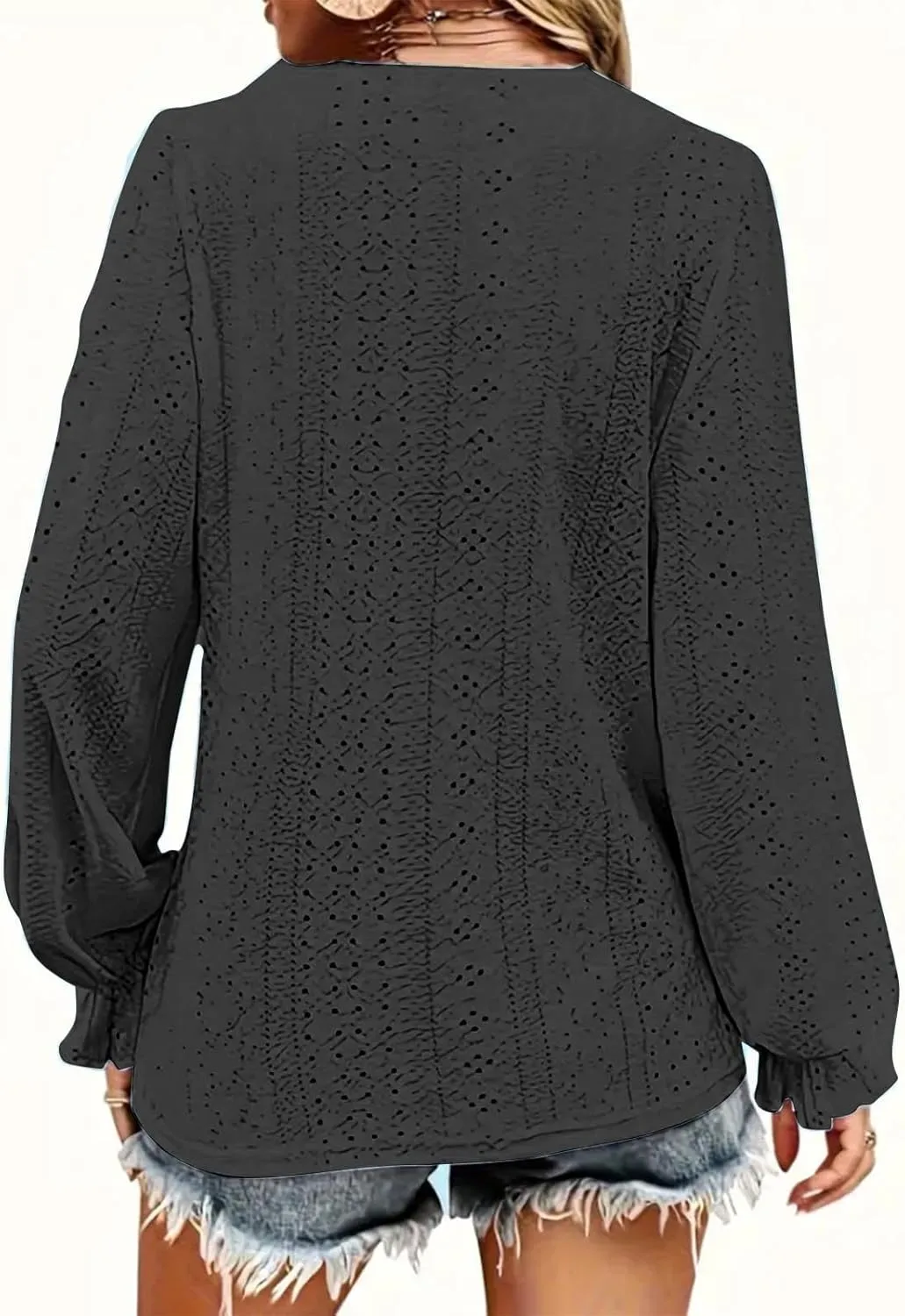 Womens Long Sleeve Eyelet Tops Solid Color V Neck Shirts Puff Sleeves Loose Fit Casual Blouses Fall Clothing