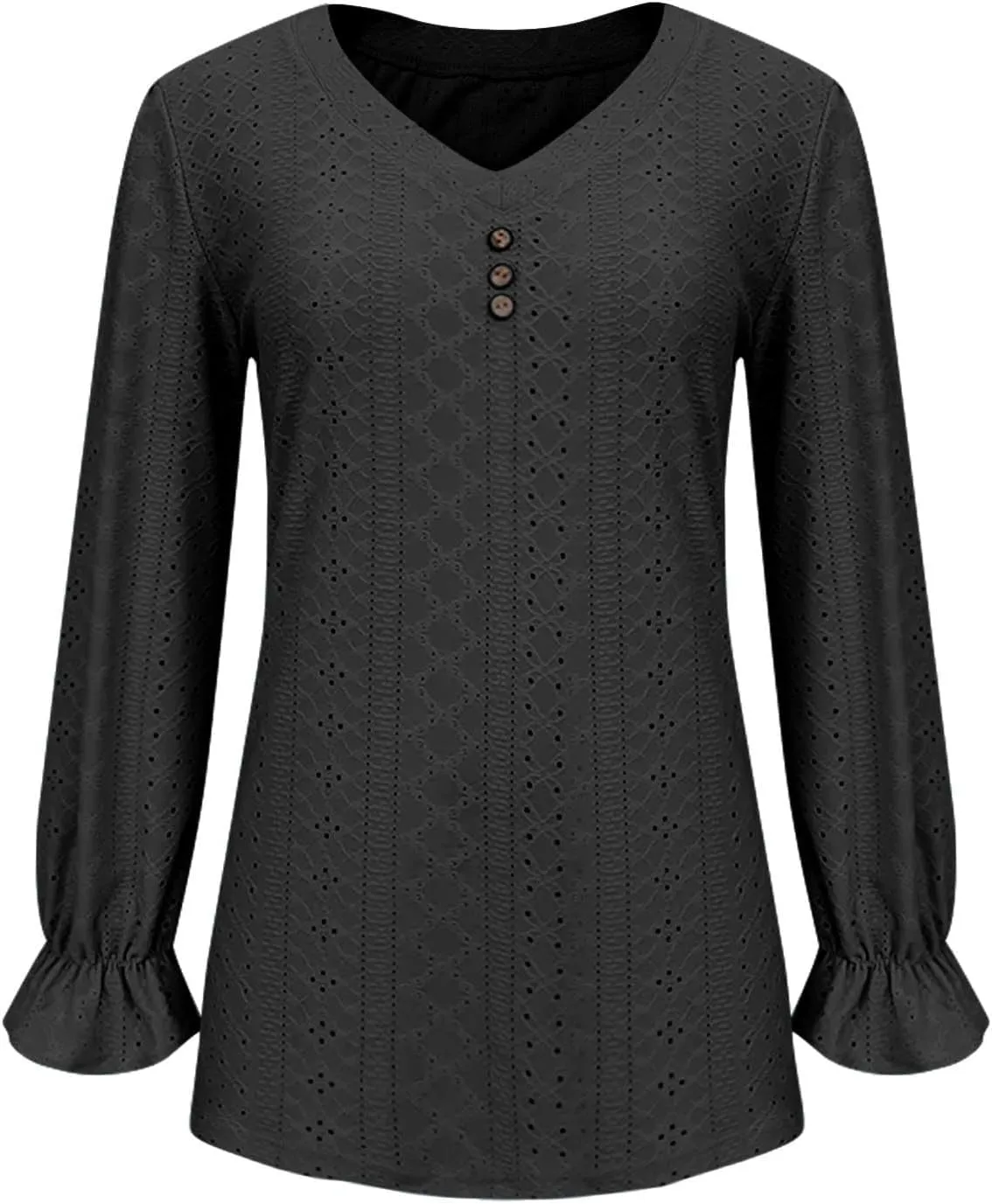 Womens Long Sleeve Eyelet Tops Solid Color V Neck Shirts Puff Sleeves Loose Fit Casual Blouses Fall Clothing