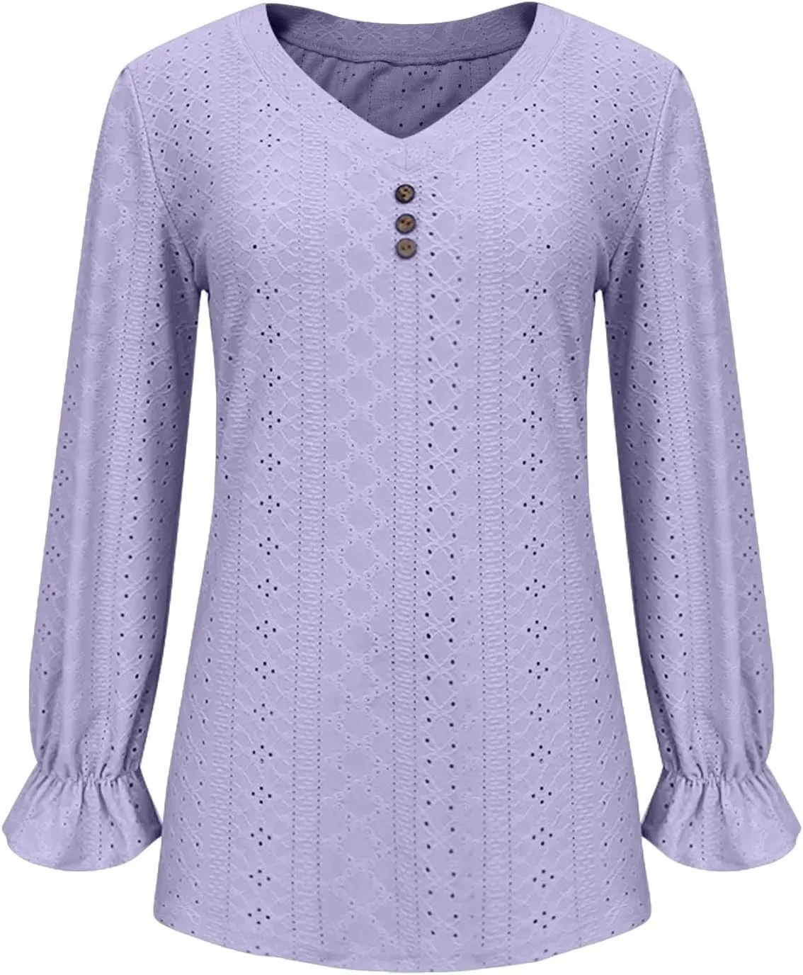 Womens Long Sleeve Eyelet Tops Solid Color V Neck Shirts Puff Sleeves Loose Fit Casual Blouses Fall Clothing