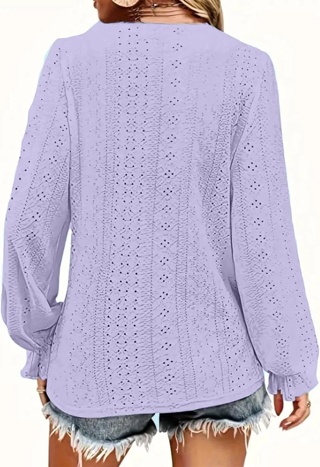 Womens Long Sleeve Eyelet Tops Solid Color V Neck Shirts Puff Sleeves Loose Fit Casual Blouses Fall Clothing