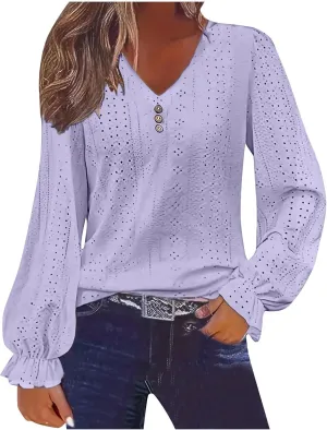 Womens Long Sleeve Eyelet Tops Solid Color V Neck Shirts Puff Sleeves Loose Fit Casual Blouses Fall Clothing