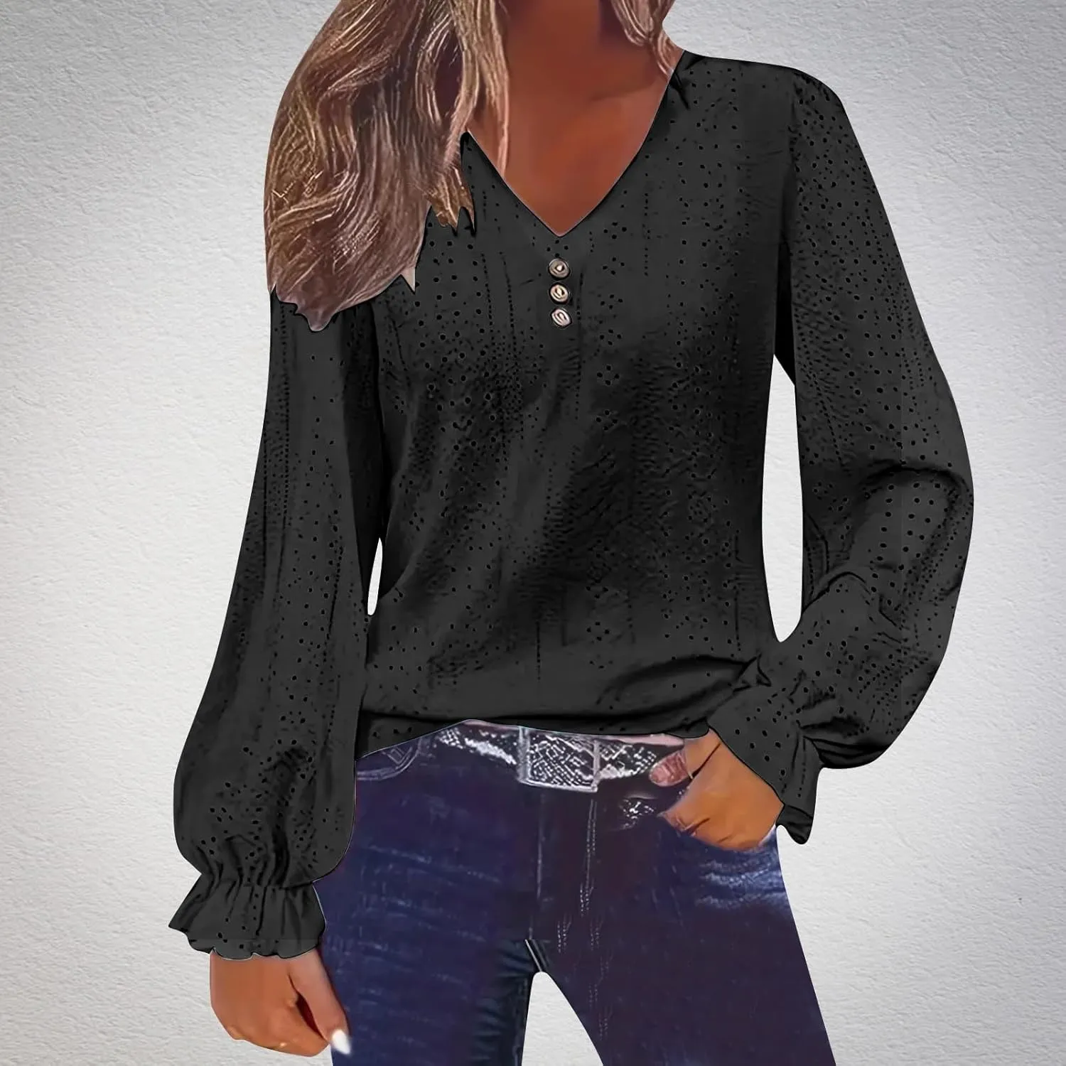 Womens Long Sleeve Eyelet Tops Solid Color V Neck Shirts Puff Sleeves Loose Fit Casual Blouses Fall Clothing