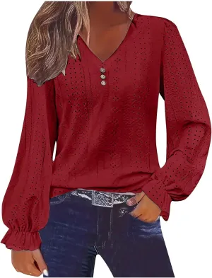 Womens Long Sleeve Eyelet Tops Solid Color V Neck Shirts Puff Sleeves Loose Fit Casual Blouses Fall Clothing