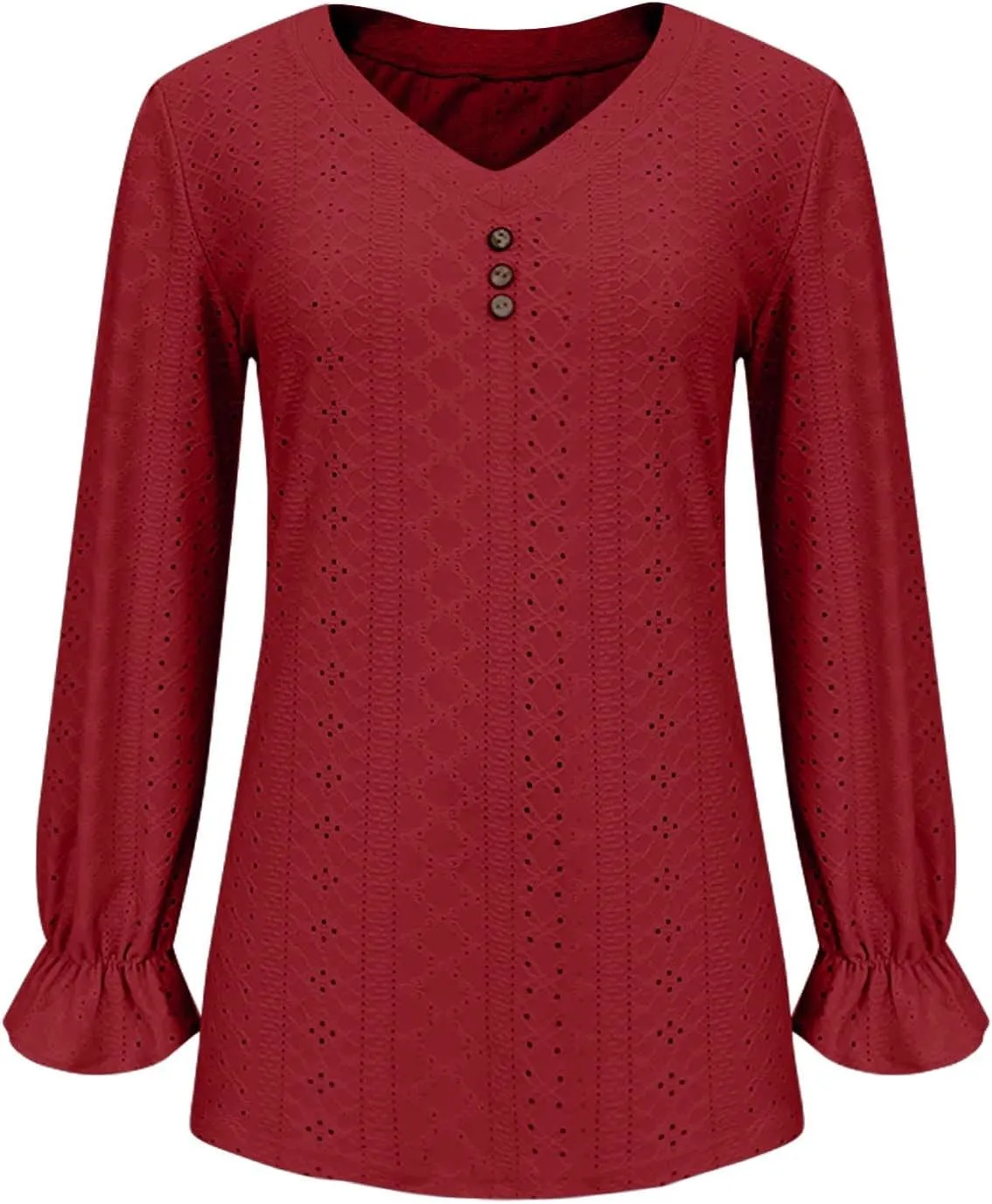 Womens Long Sleeve Eyelet Tops Solid Color V Neck Shirts Puff Sleeves Loose Fit Casual Blouses Fall Clothing