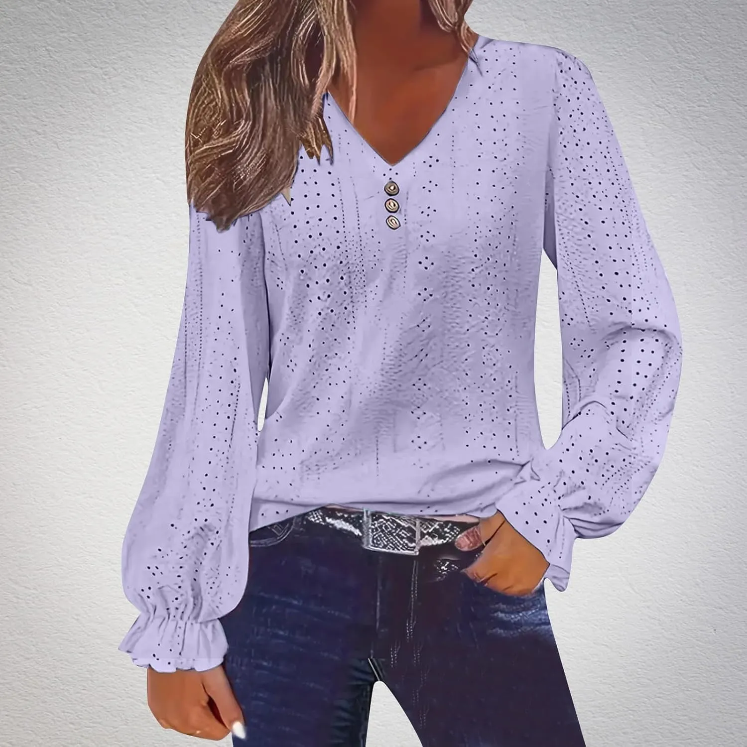 Womens Long Sleeve Eyelet Tops Solid Color V Neck Shirts Puff Sleeves Loose Fit Casual Blouses Fall Clothing