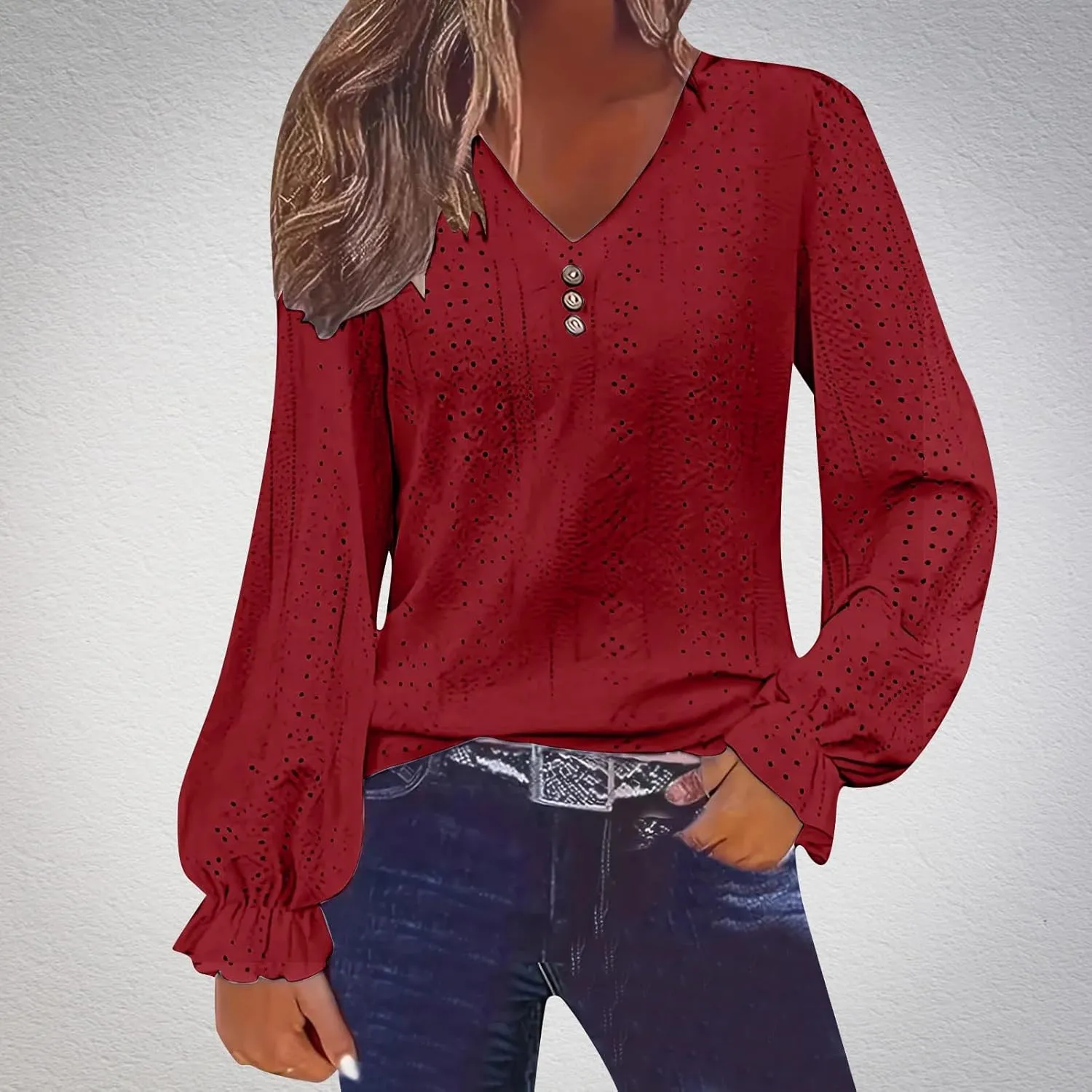 Womens Long Sleeve Eyelet Tops Solid Color V Neck Shirts Puff Sleeves Loose Fit Casual Blouses Fall Clothing
