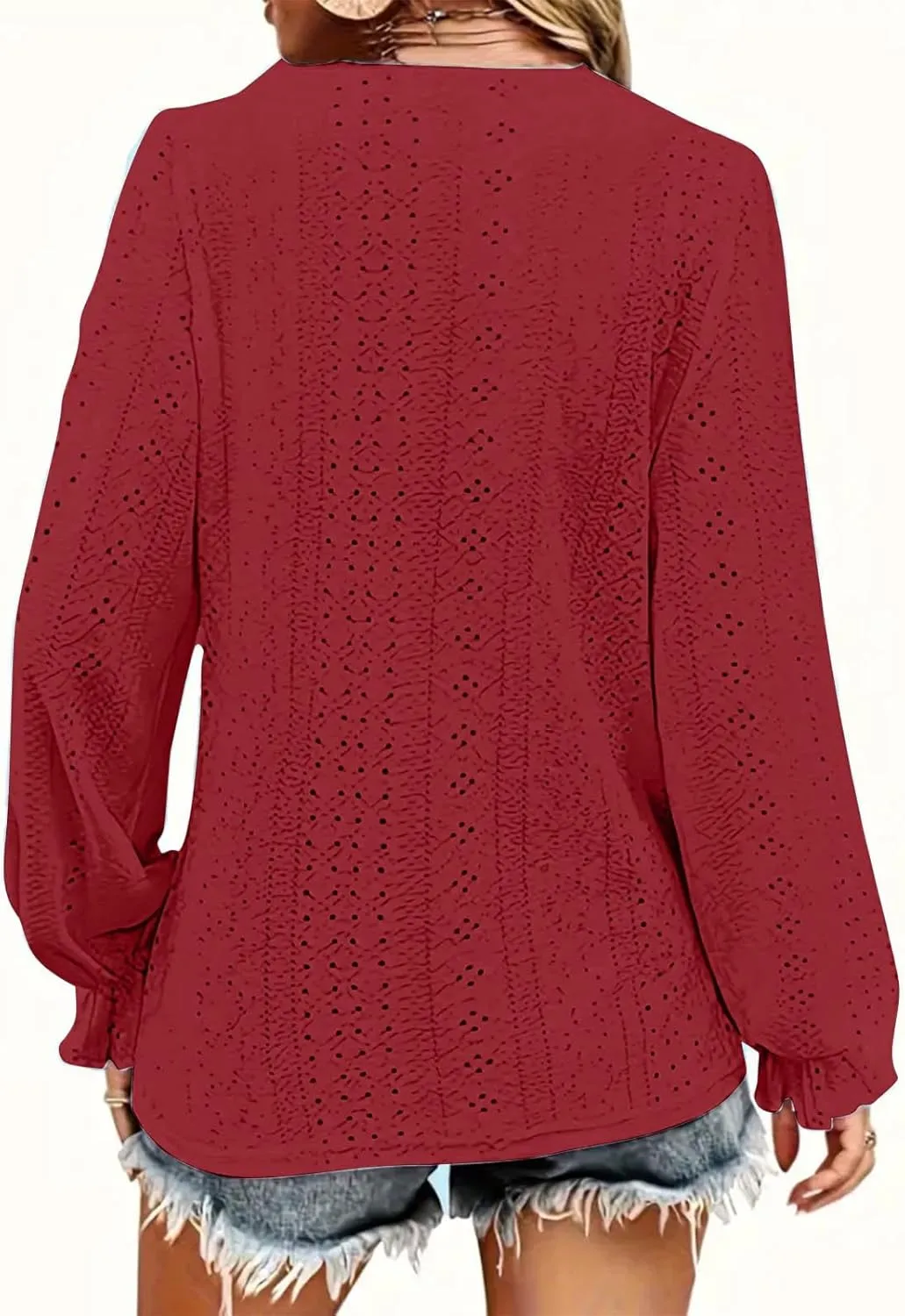 Womens Long Sleeve Eyelet Tops Solid Color V Neck Shirts Puff Sleeves Loose Fit Casual Blouses Fall Clothing