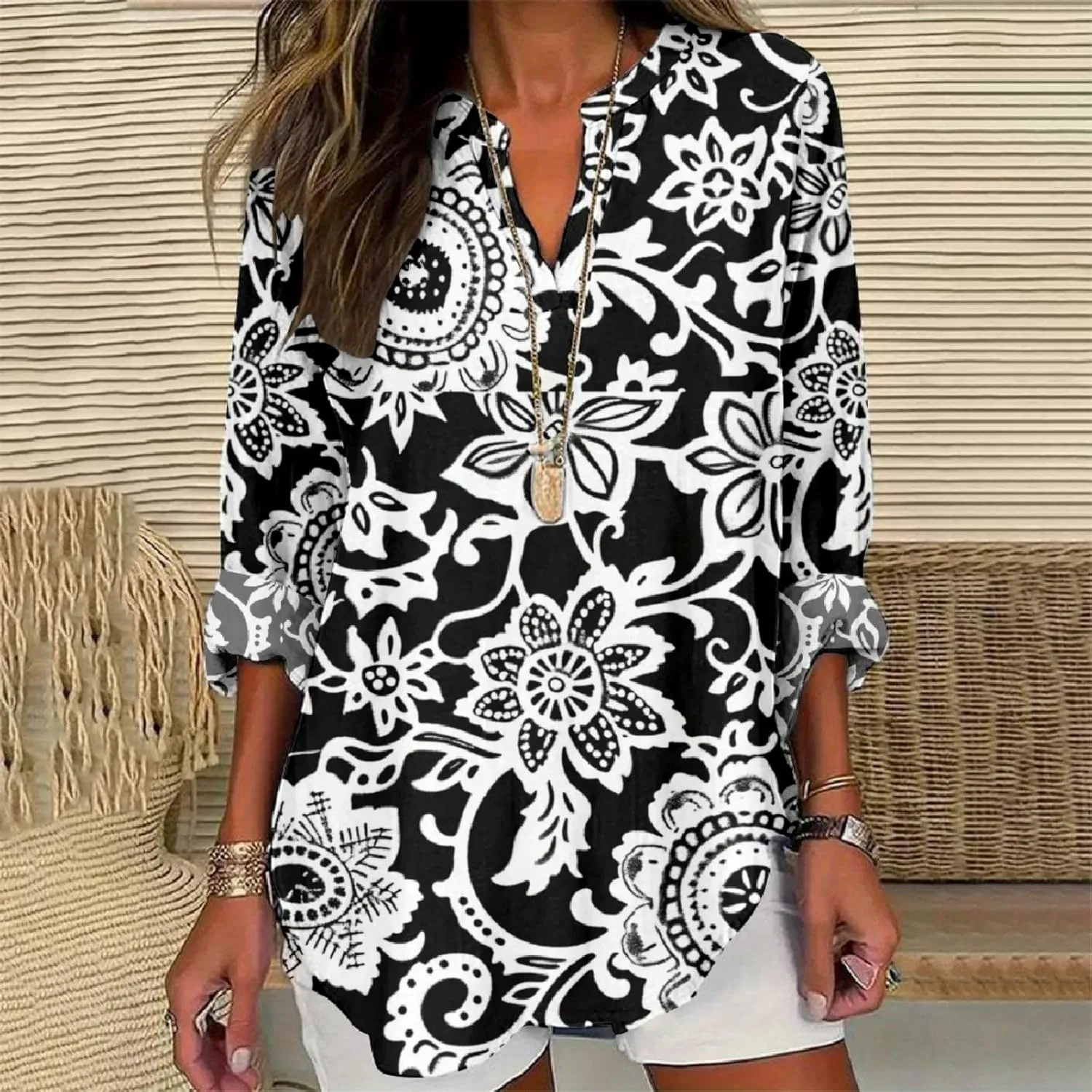 Women's Long Sleeve Floral Print Shirts V-Neck Casual Loose Fit Vintage Printed Blouses Elegant Lightweight Top