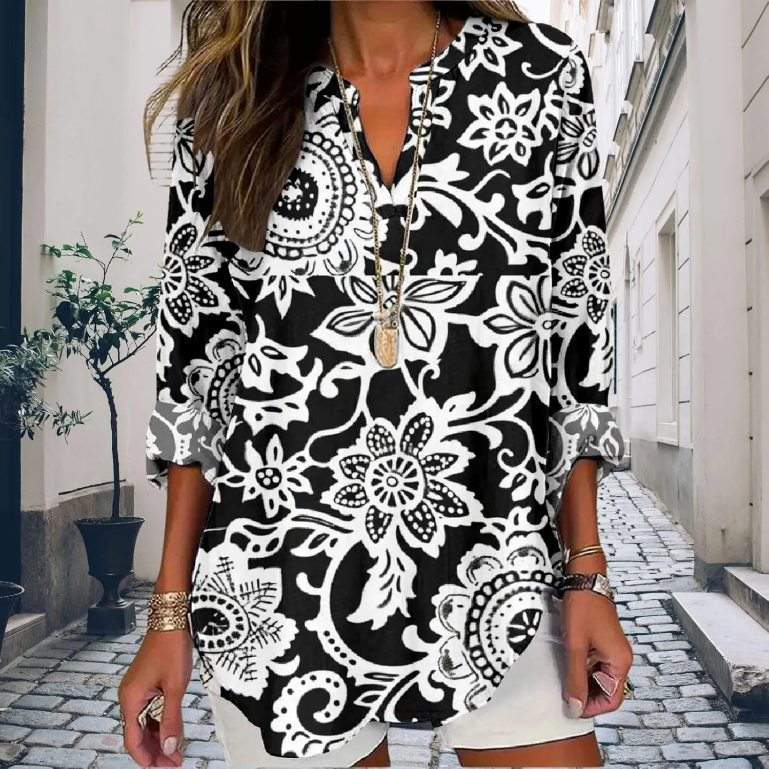Women's Long Sleeve Floral Print Shirts V-Neck Casual Loose Fit Vintage Printed Blouses Elegant Lightweight Top