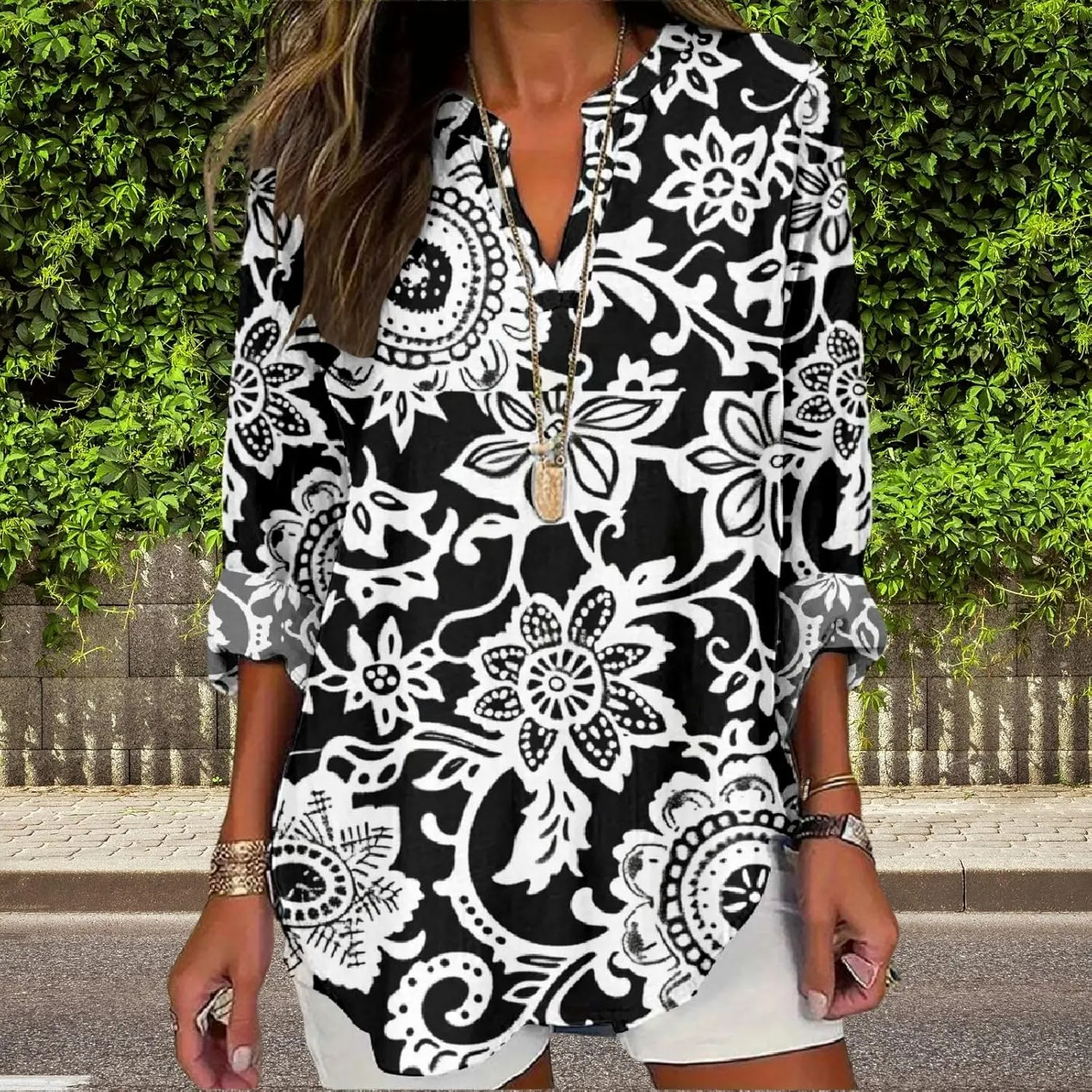 Women's Long Sleeve Floral Print Shirts V-Neck Casual Loose Fit Vintage Printed Blouses Elegant Lightweight Top