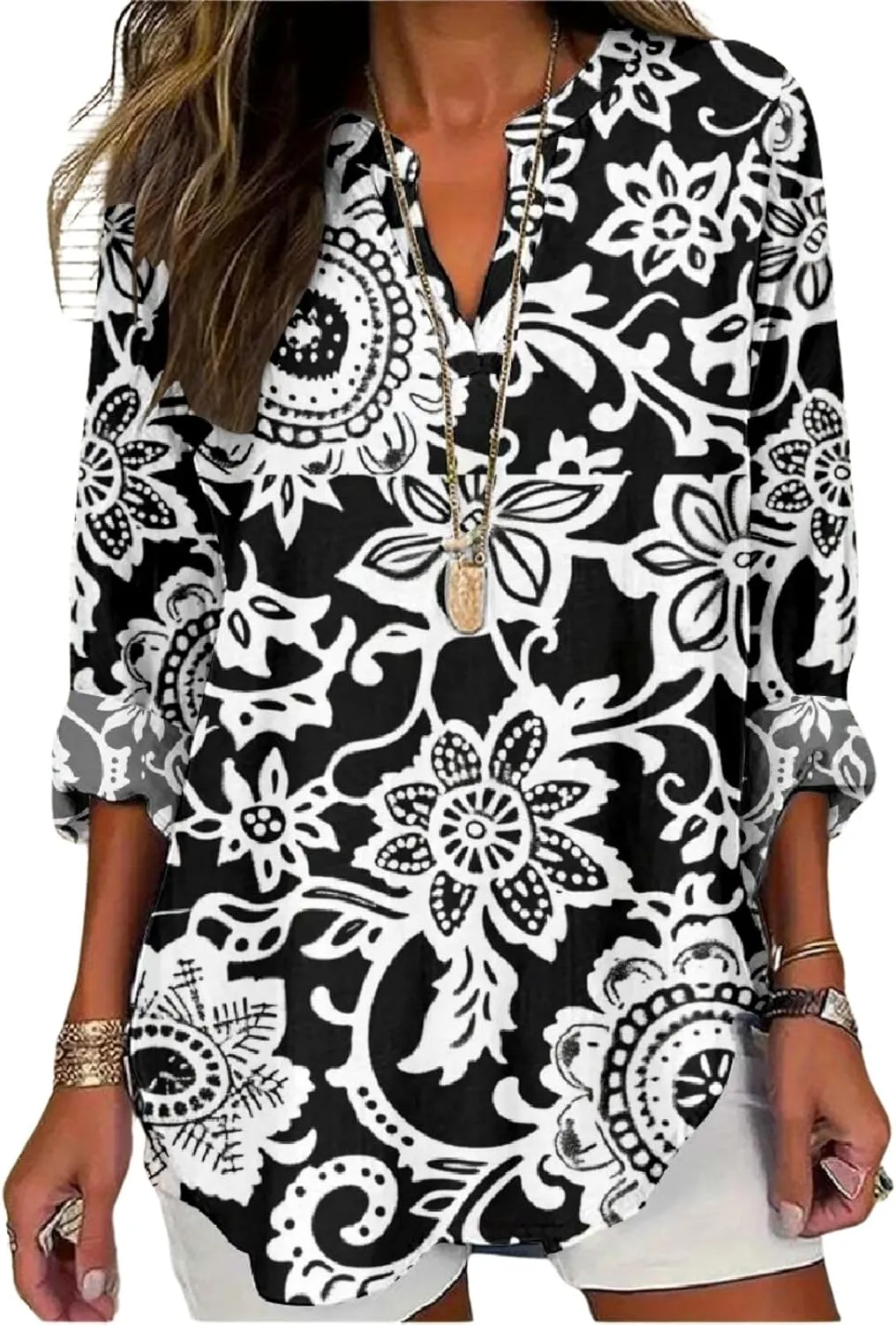 Women's Long Sleeve Floral Print Shirts V-Neck Casual Loose Fit Vintage Printed Blouses Elegant Lightweight Top