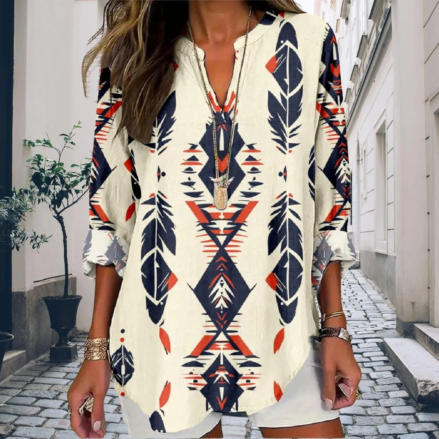 Women's Long Sleeve Floral Print Shirts V-Neck Casual Loose Fit Vintage Printed Blouses Elegant Lightweight Top