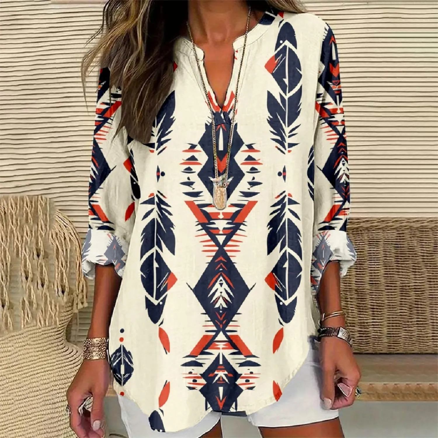 Women's Long Sleeve Floral Print Shirts V-Neck Casual Loose Fit Vintage Printed Blouses Elegant Lightweight Top