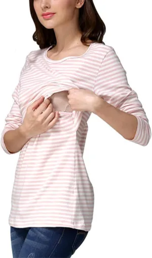 Women's Maternity Nursing Tops Striped Long Sleeve Round Neck Breastfeeding Shirts Double Layer Pregnancy Tee Shirt