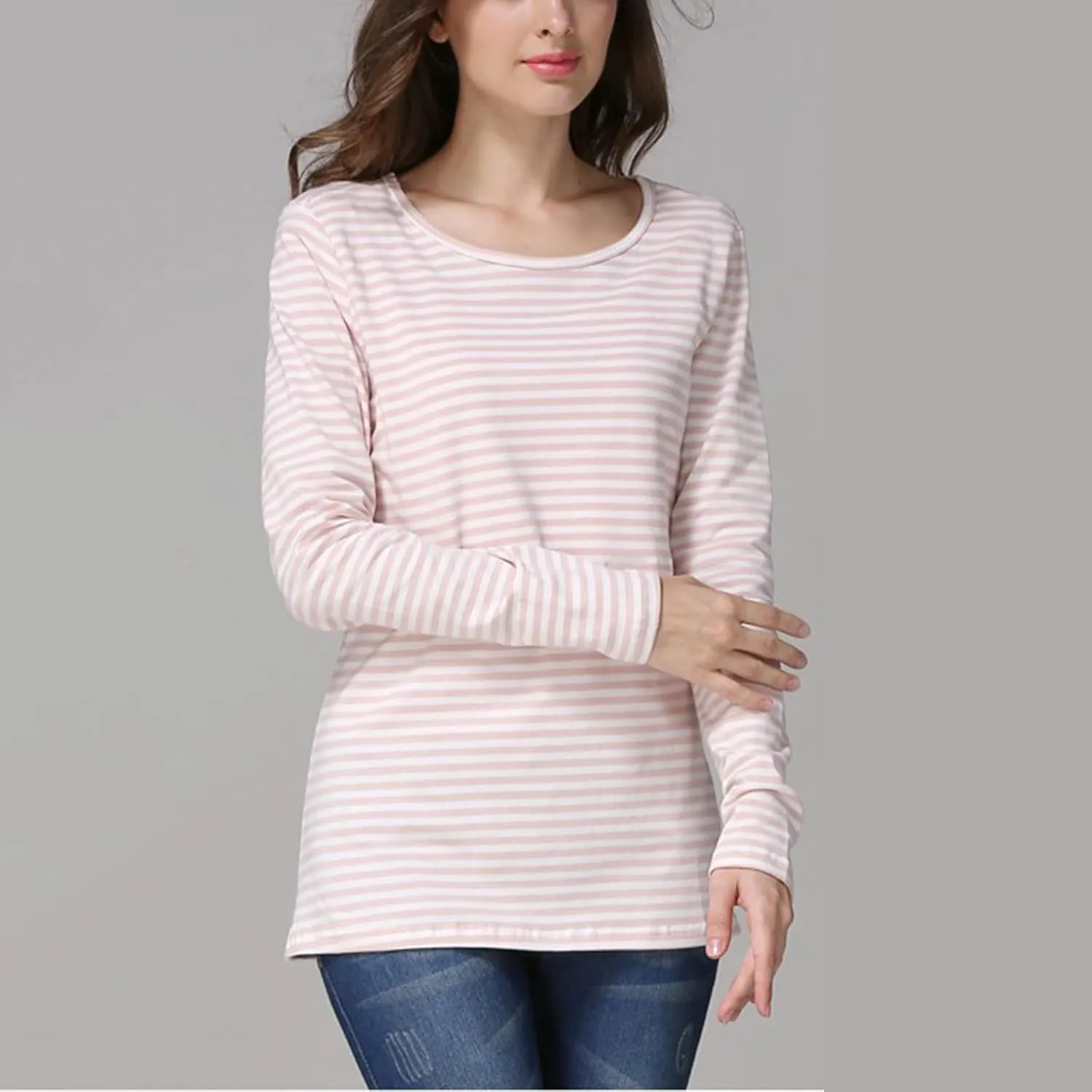 Women's Maternity Nursing Tops Striped Long Sleeve Round Neck Breastfeeding Shirts Double Layer Pregnancy Tee Shirt