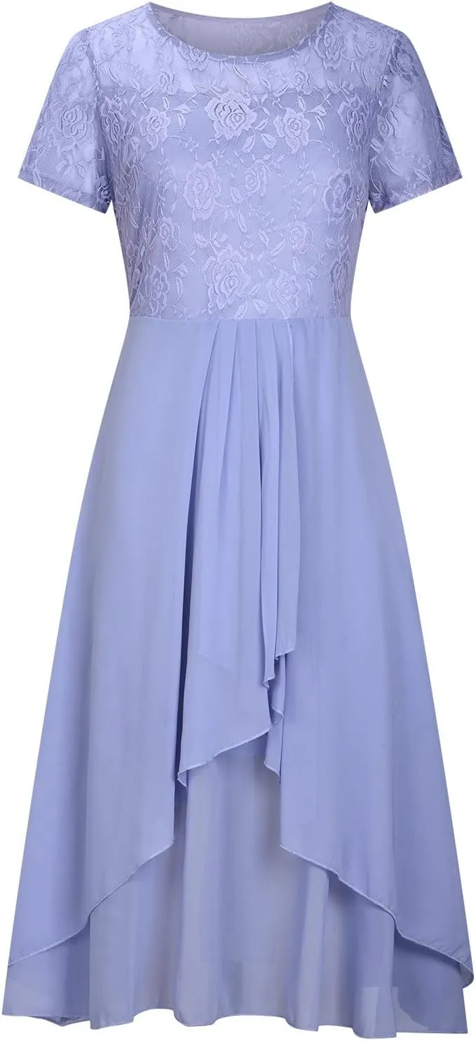 Womens Maxi Dresses 2024 Short Sleeve Crewneck Mother of The Bride Dress Loose Chiffon Lace Sexy Summer Dress