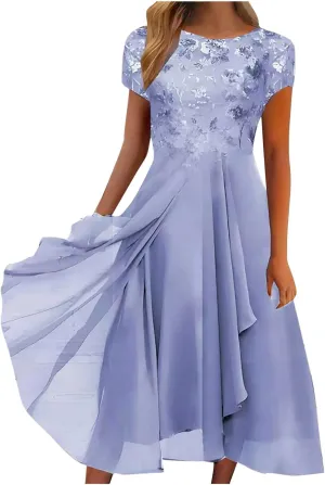 Womens Maxi Dresses 2024 Short Sleeve Crewneck Mother of The Bride Dress Loose Chiffon Lace Sexy Summer Dress