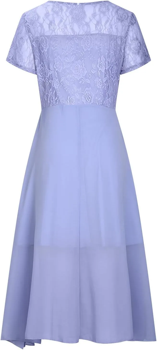 Womens Maxi Dresses 2024 Short Sleeve Crewneck Mother of The Bride Dress Loose Chiffon Lace Sexy Summer Dress