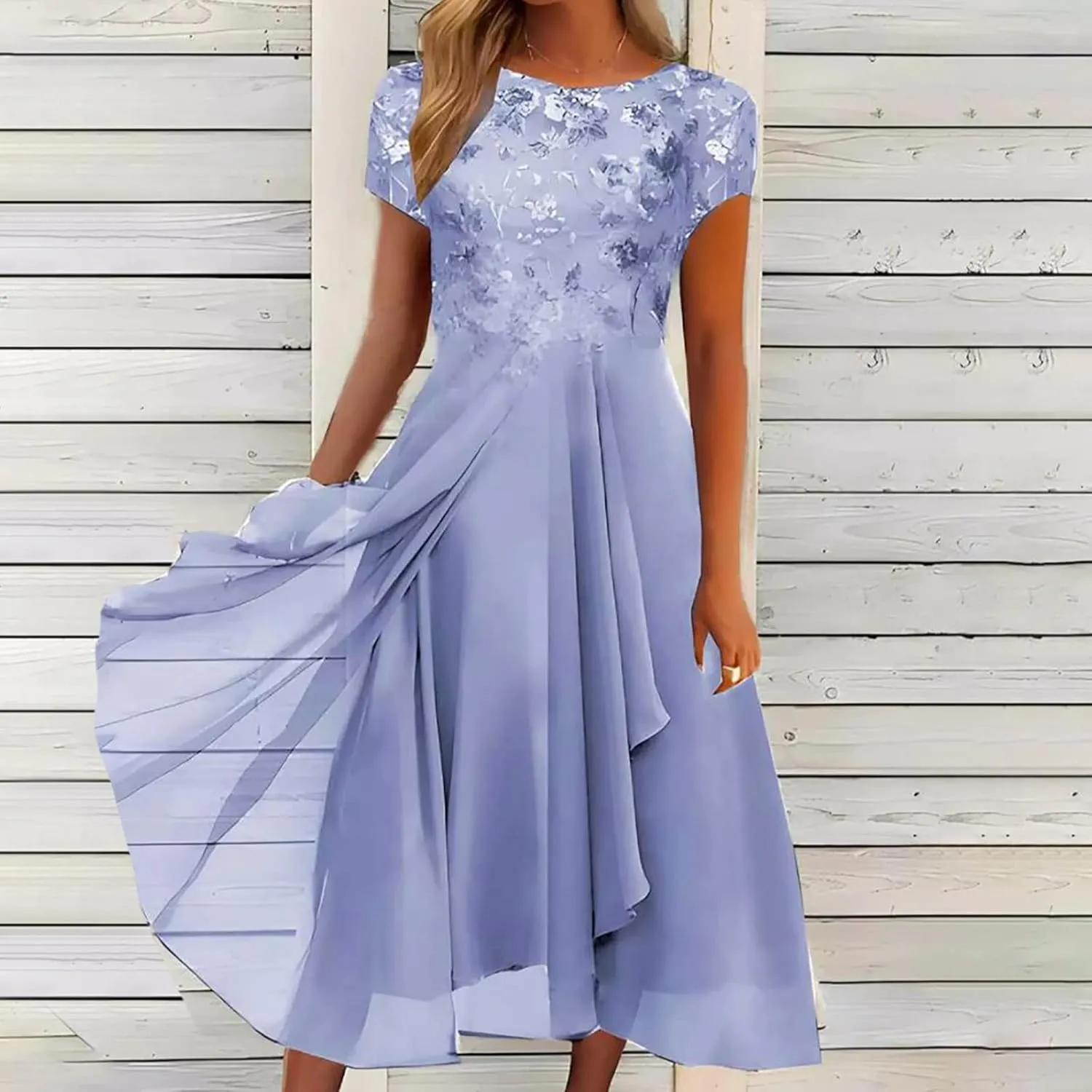 Womens Maxi Dresses 2024 Short Sleeve Crewneck Mother of The Bride Dress Loose Chiffon Lace Sexy Summer Dress
