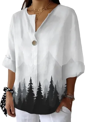 Womens Mountain Scenery Printed Shirts 2025 Trendy 3/4 Length Sleeve Tops Dressy Casual Loose V Neck Blouses
