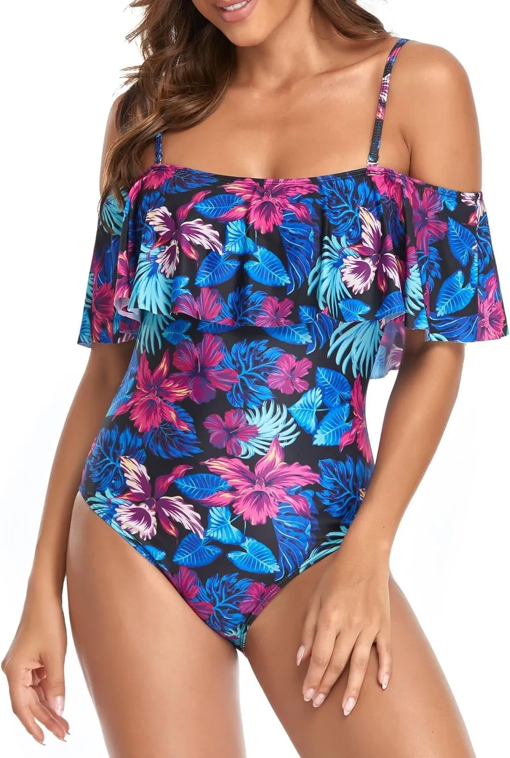 Women's Off Shoulder One Piece Swimsuit High Waist Belly Control Swimsuit Printed Sling Sexy Ruffle Swimwear