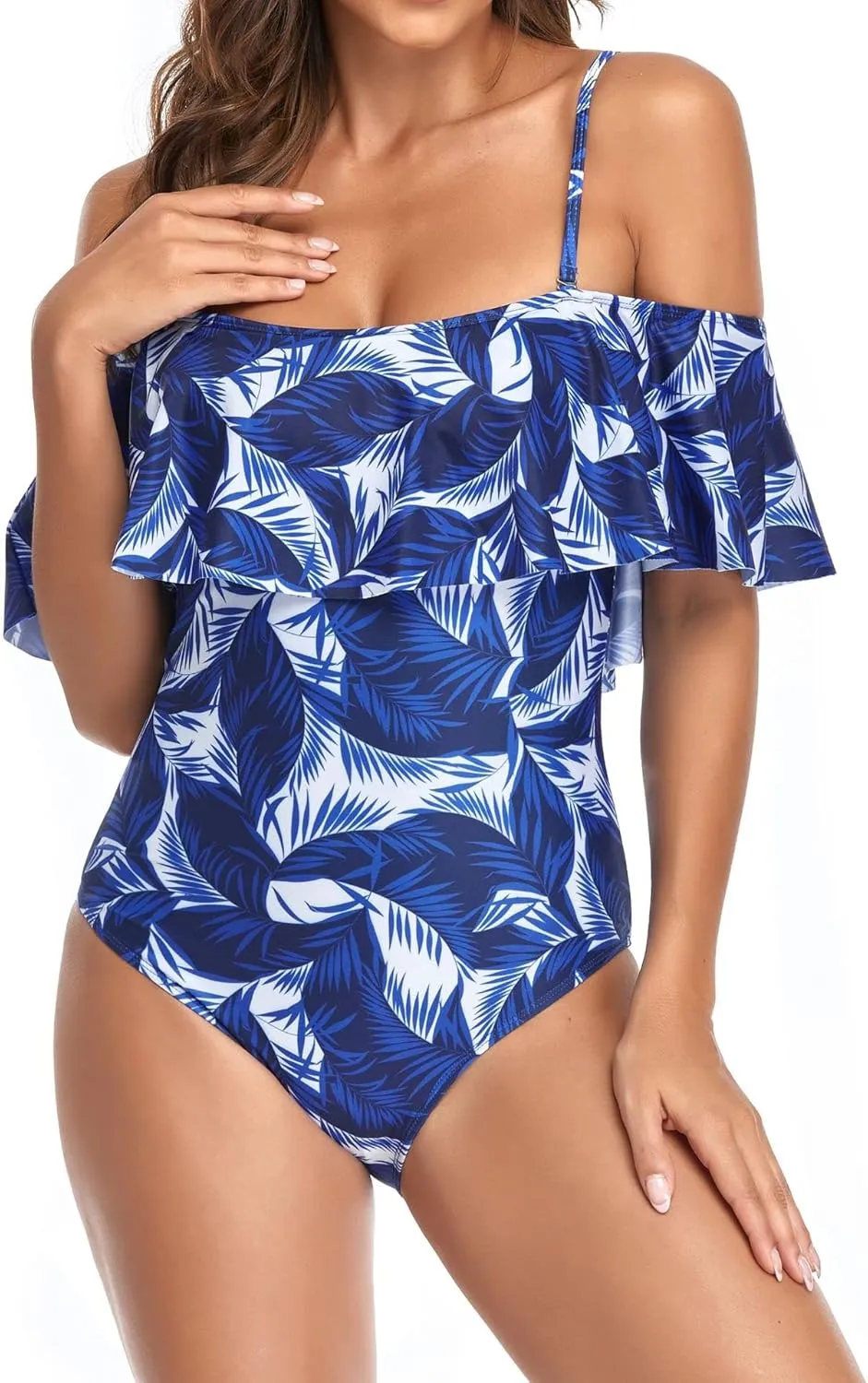 Women's Off Shoulder One Piece Swimsuit High Waist Belly Control Swimsuit Printed Sling Sexy Ruffle Swimwear